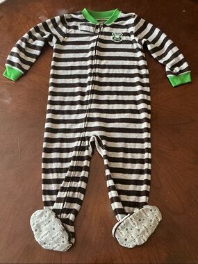 Kids Brown & Gray Striped Footed One-Piece - with Bright Green Trim